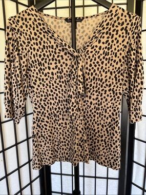 Banana Republic Petite M Leopard Tie Neck Blouson Elbow Sleeve Top